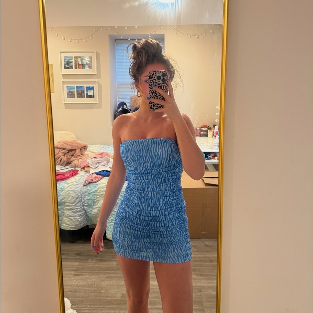 Blue Strapless Ruched Dress